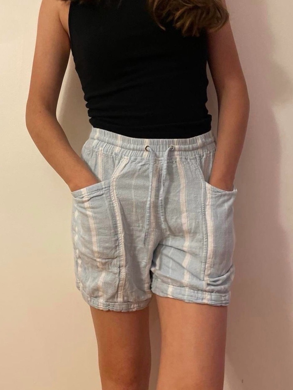 Light Blue & White Striped Women’s Casual Drawstring Shorts